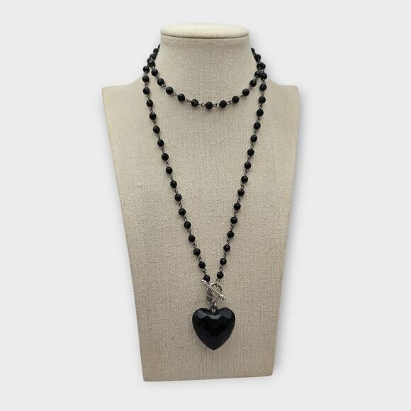 Black Faceted Heart Pendant Convertible Beaded Necklace - Picture 1 of 7